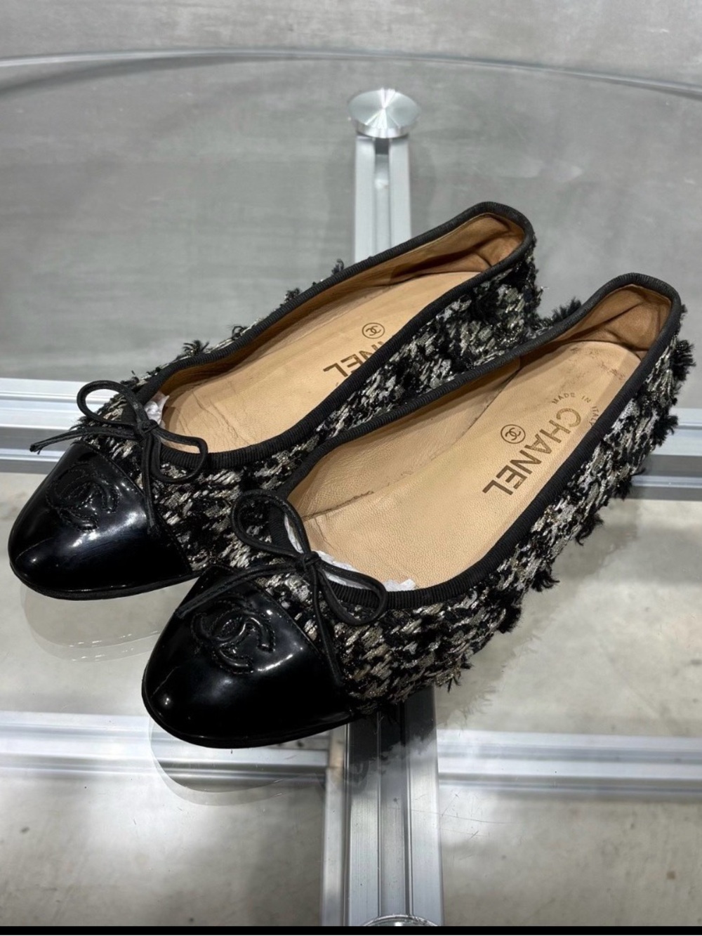 CHANEL Black and White Tweed Cap-Toe Ballet Flats